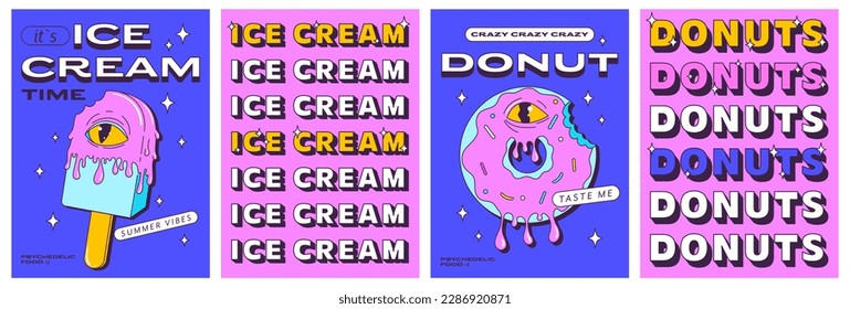 Trendy psychedelic posters set with funny fast food characters. Trippy ice cream and crazy modern donut. Weird yellow eye. Front and back side poster design. Vector illustration.