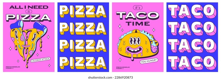Trendy psychedelic posters set with funny fast food characters. Trippy pizza slice and crazy modern taco. Front and back side poster design. Vector illustration. svg