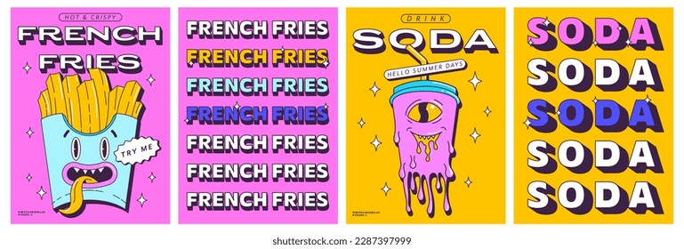 Trendy psychedelic posters set with funny fast food characters. Trippy frensh fries, and crazy modern soda. Menu, invitation, stories template. Front and back side poster design. Vector illustration.