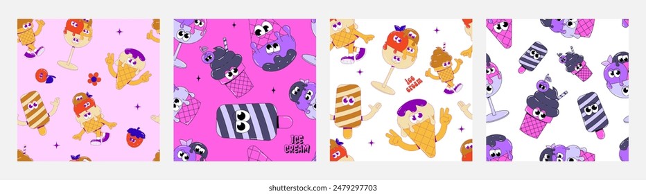 Trendy psychedelic set seamless pattern ice cream with funky faces. Cute character dessert mascot in groovy style. Vector surrealism illustration