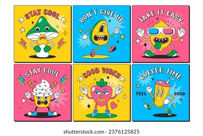 Trendy psychedelic square posters with funny characters. Modern colorful flyers with groovy avocado, heart, mushroom, cupcake and coffee cup. Cartoon cards design elements with comic faces. Stay cool.