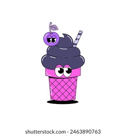 Trendy psychedelic sticker ice cream. Cream ice cream in waffle cup with cherry and stick with funky faces. Cute character dessert mascot in groovy style. Vector illustration for menu, cafe