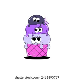 Trendy psychedelic sticker ice cream. Three scoops of ice cream in waffle cup with funky faces. Cute character dessert mascot in groovy style. Vector illustration for menu, cafe