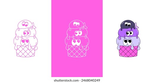 Trendy psychedelic sticker ice cream. Three scoops of ice cream in waffle cup with funky faces. Cute character dessert mascot in groovy style. Vector illustration for logo, product branding