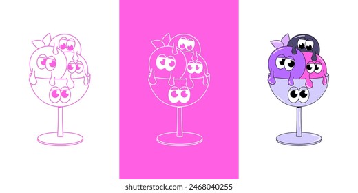 Trendy psychedelic sticker ice cream. Three colored balls in bowl with funky faces. Cute character dessert mascot in groovy style. Vector illustration for logo, product branding