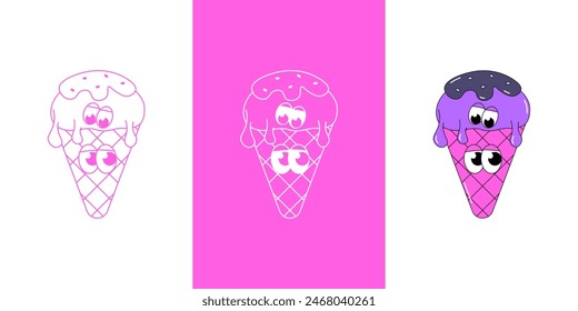 Trendy psychedelic sticker ice cream. A scoop of ice cream with chocolate in waffle cone with funky faces. Cute character dessert mascot in groovy style. Vector illustration for logo, product branding