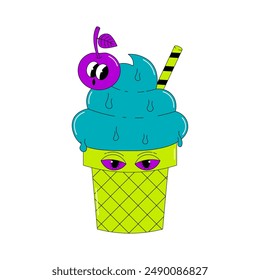 Trendy psychedelic sticker ice cream. Mystic character in waffle cup with cherry and stick with weird emotion. Retro dessert mascot in groovy style. Vector illustration