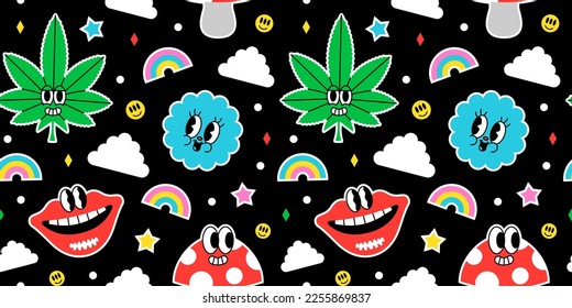 Trendy psychedelic sticker seamless pattern in vintage cartoon style  Retro 50s art character label background illustration  Funny colorful groovy print and mushroom  drug leaf  rainbow 
