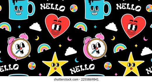 Trendy psychedelic sticker seamless pattern in vintage cartoon style  Retro 50s art character label background illustration  Funny colorful groovy print and heart  alarm clock  coffee mug 