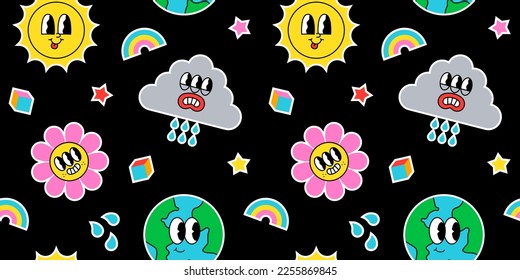 Trendy psychedelic sticker seamless pattern in vintage cartoon style. Retro 50s art character label background illustration. Funny colorful groovy print with earth planet, sun, flower.