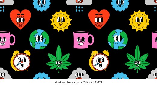 Trendy psychedelic sticker seamless pattern in vintage cartoon style. Retro art character label background illustration. Funny colorful groovy print with earth planet, sun, flower.