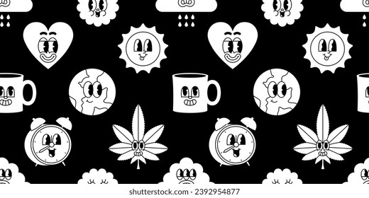 Trendy psychedelic sticker seamless pattern in vintage cartoon style. Retro art character label background illustration. Funny groovy print with earth planet, sun, flower.
