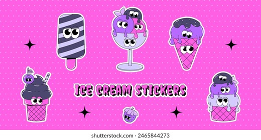 Trendy psychedelic stickers. Funky characters ice cream with cute faces and emotions. Sweet dessert mascot in groovy style. Vector illustration in bright colors