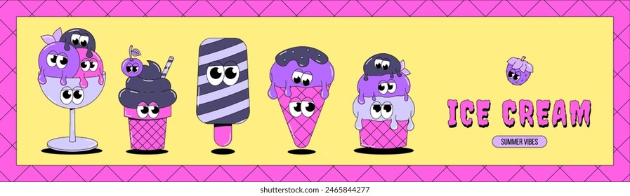 Trendy psychedelic sweet banner. Psychedelic characters ice cream with funky faces and emotions. Cute dessert mascot in groovy style. Vector illustration for menu, cafe, restaurant