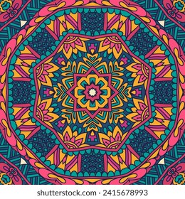Trendy psychedelic tribal seamless pattern fort fabric. Bohemian style doodle handdrawn arts. Abstract Mandala medallion seamless pattern ornamental. Arabesque floral mexican colorful pattern