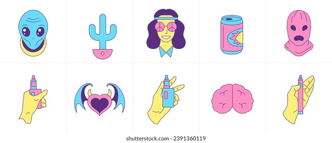 Trendy psychedelic weird surreal contoured icon groovy style set vector flat illustration. UFO alien woman hippie cactus soda can monster mask electronic cigarette creepy heart brain tattoo sticker svg