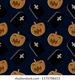 Trendy pumpkin jack o lantern with cemetery seamless pattern vector. Abstract cartoon halloween character illustration for baby, kids, and children fashion textile print and wrapping.