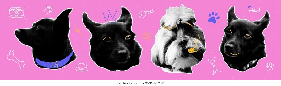 Trendy punk halftone collage dog heads set. Dotted pop art style