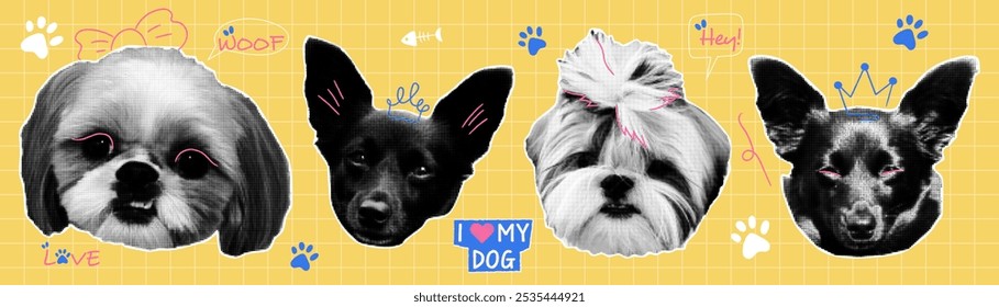 Trendy punk halftone collage. Dog heads set with naive doodle elements. Dotted pop art style