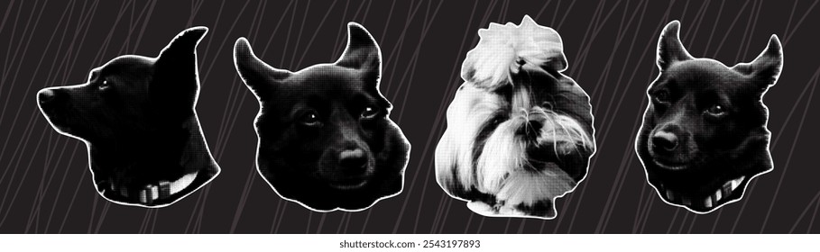 Trendy punk halftone collage dog heads set. Dotted pop art style