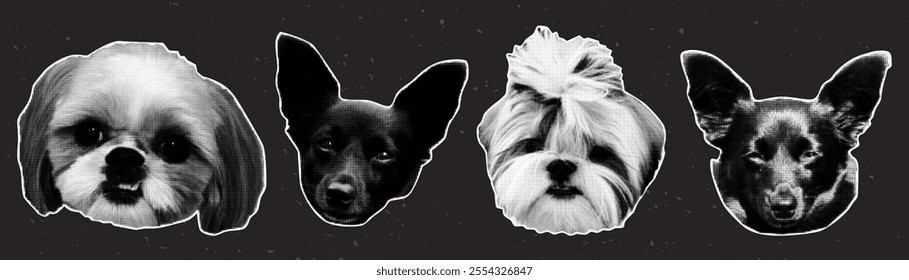 Trendy punk halftone collage dog heads set. Dotted pop art style