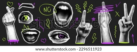 Trendy punk halftone collage set with retro halftone elements and naive doogle elements. Hand gestures, lips, mouth, eyes.Template for banner, poster, card. Contemporary vector illustration. Foto stock © 
