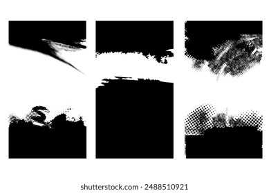 Trendy punk noise defect banners. Glitch distorted texture halftone noise defect error stamp set of vector backgrounds templates for presentation stories.