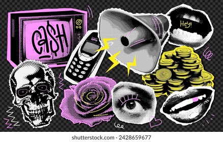 Trendy punk y2k collage paper sticker set with retro halftone collage elements and naive doodle elements. Retro cell phone, TV, lips, mouth, eyes, money, skull and megaphone. Y2k vector illustration.