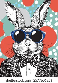 Trendy rabbit illustration with blue sunglasses and polka dot bowtie on vibrant abstract background. Fashion animal concept
