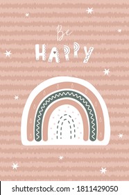 El arco iris de moda en estilo boho de diferentes colores. Sé feliz. Ilustraciones infantiles para carteles o tarjetas postales. Elemento de arte Doodle. Ilustración vectorial moderna.