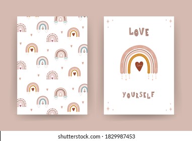 Trendy rainbow in boho style in different color. Love yourself. Children illustrations for poster or post card. Doodle art element. Modern vector illustration.