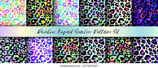 Trendy Rainbow Leopard seamless patterns set. Vector gradient wild animal cheetah skin, leo texture with black, neon and rainbow spots for fashion print design, wrapping paper, backgrounds, wallpaper