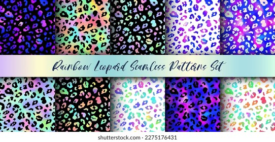 Trendy Rainbow Leopard nahtlose Muster gesetzt. Vektorgradienten wilde Käsefische, Leo-Textur mit schwarz, Neon-iriabcent-Flecken für Modedruckdesign, Wickelpapier, Hintergründe, Tapeten