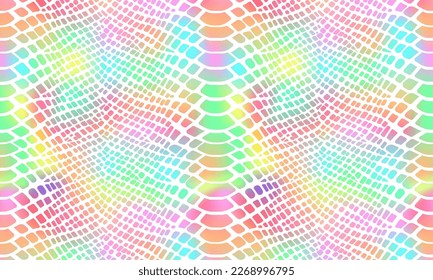 Patrón de piel de serpiente arco iris de moda fondo horizontal. Piel de reptiles de animales salvajes de neón vectorial, textura repetida de gradiente de arcoiris brillante sobre fondo blanco para diseño de impresión de moda, envoltura, papel tapiz.