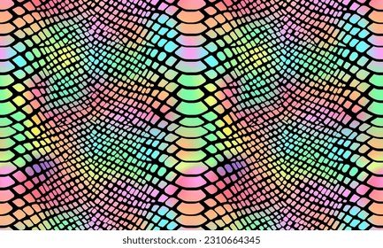 Trendy rainbow snake skin pattern horizontal background. Vector neon wild animal reptile skin, shiny rainbow gradient repeat texture on black background fashion print design, wrapping, background.