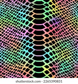 Trendy rainbow snake skin vector seamless pattern. Neon wild animal reptile skin, black repeat texture on shiny gradient background for fashion print design, wrapping paper, wallpaper, backgrounds.
