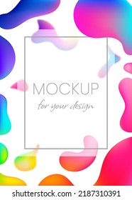 Trendy rainbow summer flow lava shapes gradient background, colorful abstract fluid 3d tubes. Mockup with white frame. Futuristic design for presentation, advertising, banner, cover, flyer, poster
