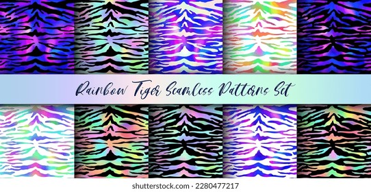 Trendy Rainbow Tiger seamless patterns set. Vector gradient wild animal skin, tiger texture with black, neon and rainbow stripes for fashion print design, web, backgrounds, wallpapers.