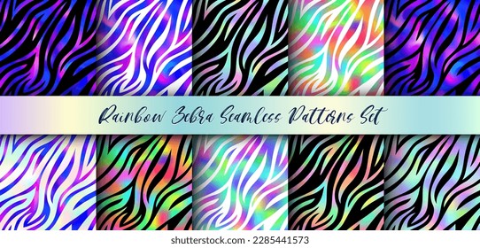 Trendy Rainbow Zebra seamless patterns set. Vector gradient wild animal skin, tiger texture with black, neon and rainbow stripes for fashion print design, web, backgrounds, wallpapers.