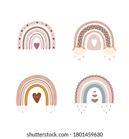 Trendy rainbows in boho style in different color. Rainbows with cloud, stars and hearts. Children illustrations for holidays. Doodle art elements. Modern vector illustration.