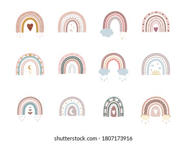 Trendy rainbows in boho style in different color. Rainbows with cloud, sun, stars and hearts. Children illustrations for holidays. Doodle art elements. Modern vector illustration.