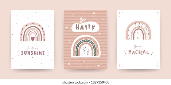 Trendy rainbows in boho style in pastel color. Set of different posters. Children illustrations for post card. Doodle art elements. Modern vector illustration.