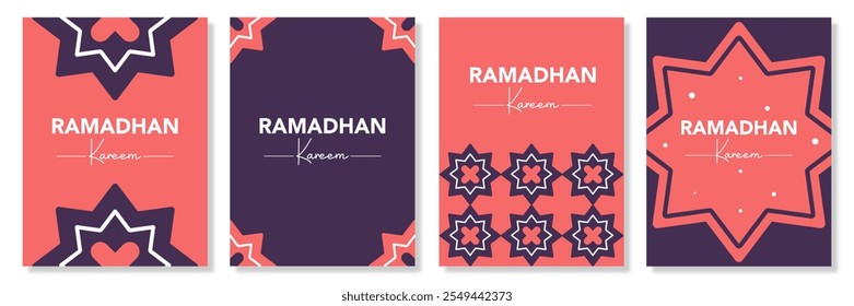 Trendy Ramadan Kareem, Eid Mubarak, Eid al Adha, and Eid al Fitr set illustration with islamic geometric pattern, minimal pink, purple background for banner, cover, greeting card, poster, social media