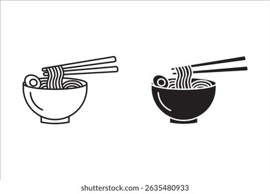 Ícones de ramen na moda: macarrão, caldo, pauzinhos, ovo, negrito, vibrante e perfeito para foodie projetos em fundo branco