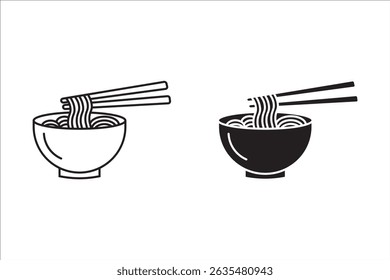 Ícones de ramen na moda: macarrão, caldo, pauzinhos, ovo, negrito, vibrante e perfeito para foodie projetos em fundo branco