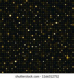 trendy random golden polka dot on black background seamless pattern for celebration card, wallpaper, texture, banner, label, cover etc. of Christmas or any holiday. vector design.  