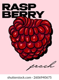 Trendy Raspberry Poster with Bold Typography and Fresh Fruit Illustration