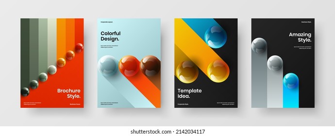 Trendy realistic balls annual report concept bundle. Abstract journal cover A4 design vector illustration set.