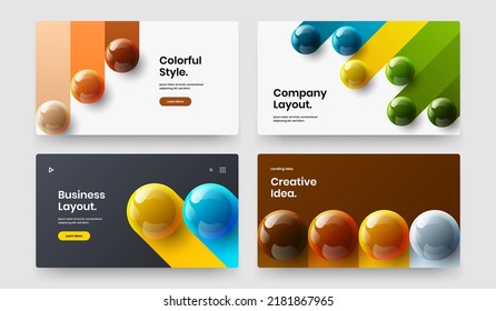 Trendy realistic balls postcard template composition. Multicolored horizontal cover vector design layout collection.