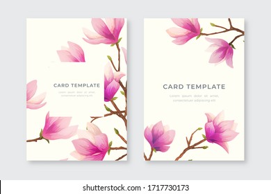 Trendy realistic cover design with magnolia flowers. Floral poster, greeting card, wedding floral invite, invitation card design. Flyer, banner, vector cover.